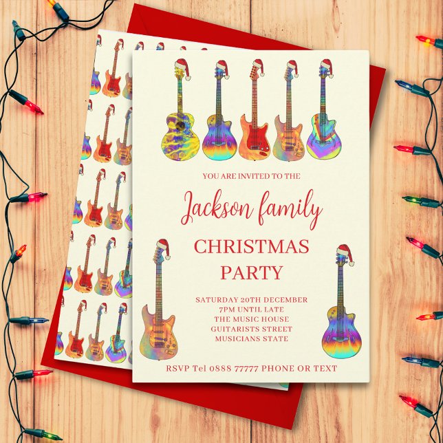 Invitation de fête de Noël à thème musical avec gu (music themed family Christmas party invitation with cool colorful guitars wearing Santa hats)