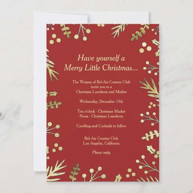 Invitation de fête de Noël au houx rouge et or (Devant)