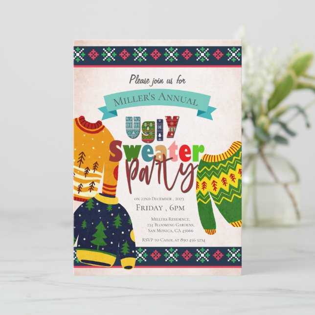 Invitation de fête de Noël au motif de pull moche (Debout devant)