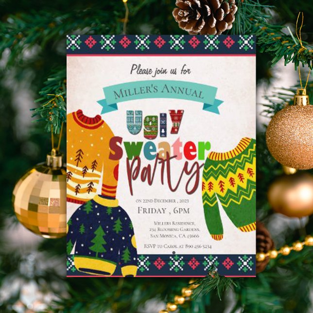 Invitation de fête de Noël au motif de pull moche (Ugly Sweater Pattern Christmas Party Invitation)