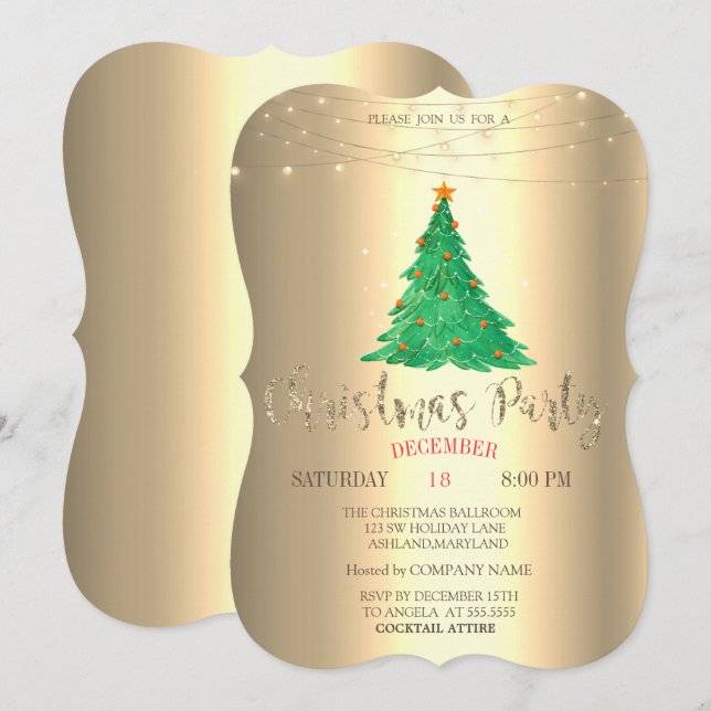 Invitation de fête de Noël au pin aquarelle or (Devant / Derrière)