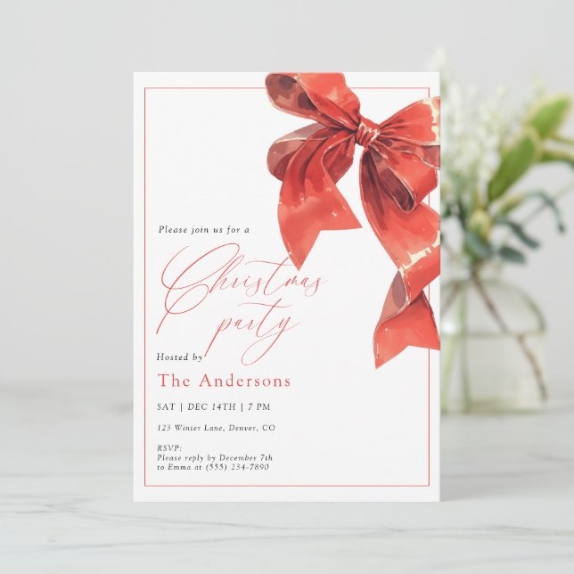 Invitation de fête de Noël au ruban rouge aquarell (Debout devant)