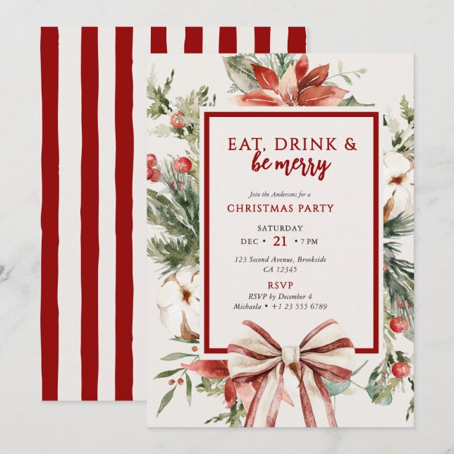 Invitation de fête de Noël au ruban rouge et verdu (Devant / Derrière)