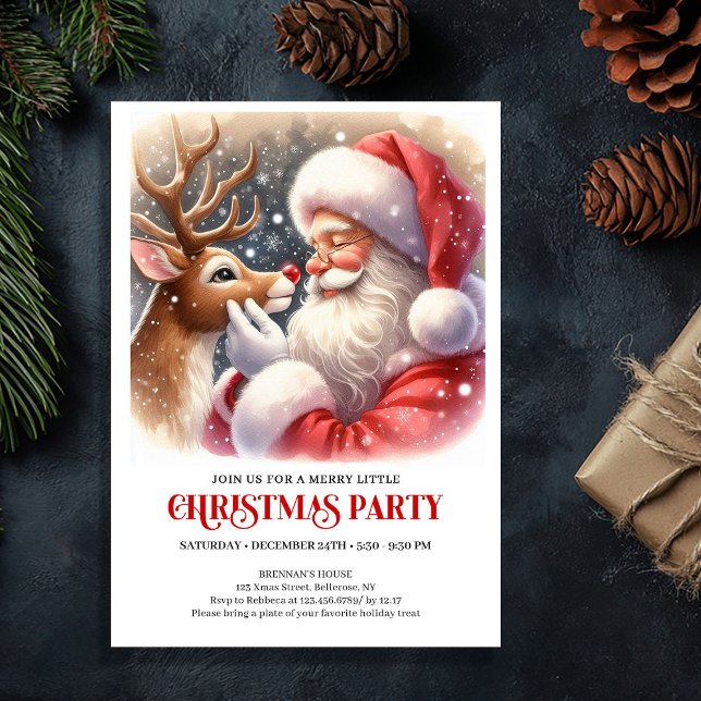 Invitation de fête de Noël avec le Père Noël et Ru (Cute Santa and Rudolph Christmas Party Invitation)