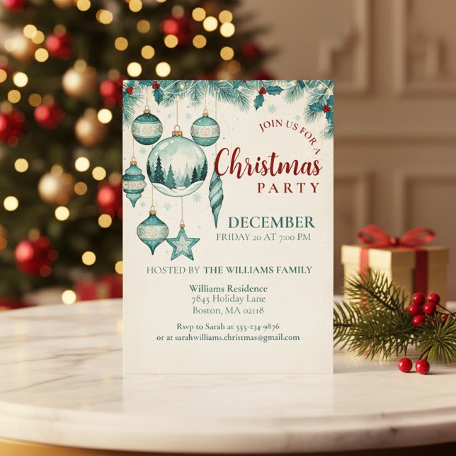 Invitation de fête de Noël avec ornement sarcelle (Elegant Winter Party)