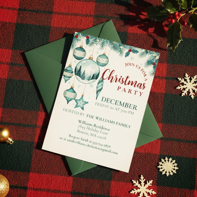 Invitation de fête de Noël avec ornement sarcelle (Winter Celebration Invite)