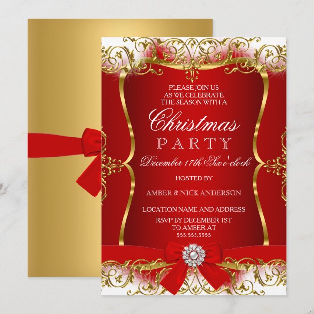 Invitation de fête de Noël avec ruban en damas or  (Devant / Derrière)