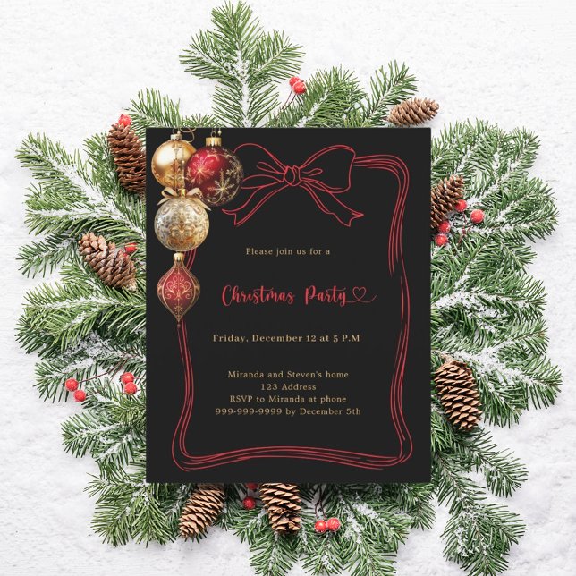 Invitation de fête de Noël avec ruban noir et boul (Créateur téléchargé)