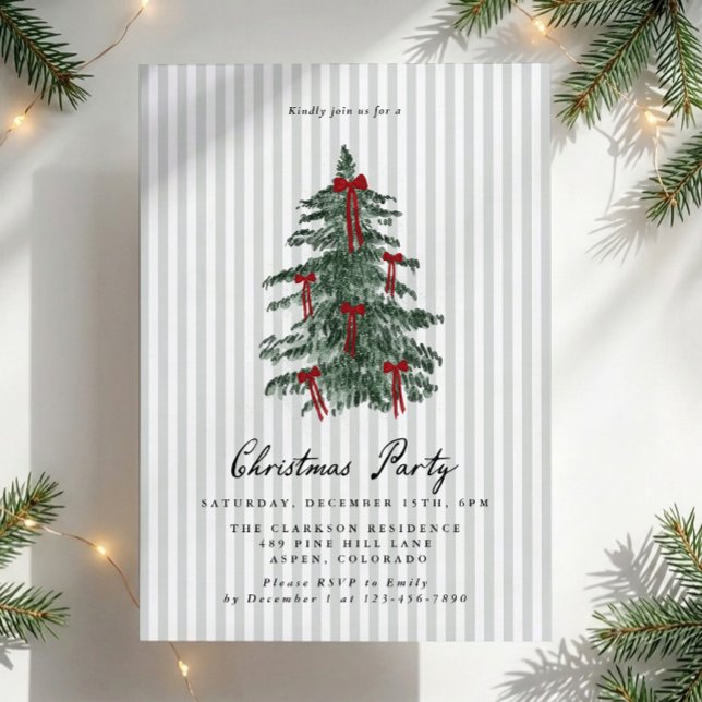 Invitation de fête de Noël avec un arbre vert rayé (Créateur téléchargé)