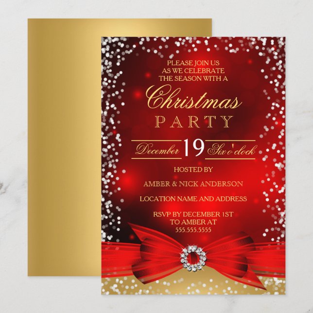 Invitation de fête de Noël avec un nœud doré et ro (Devant / Derrière)