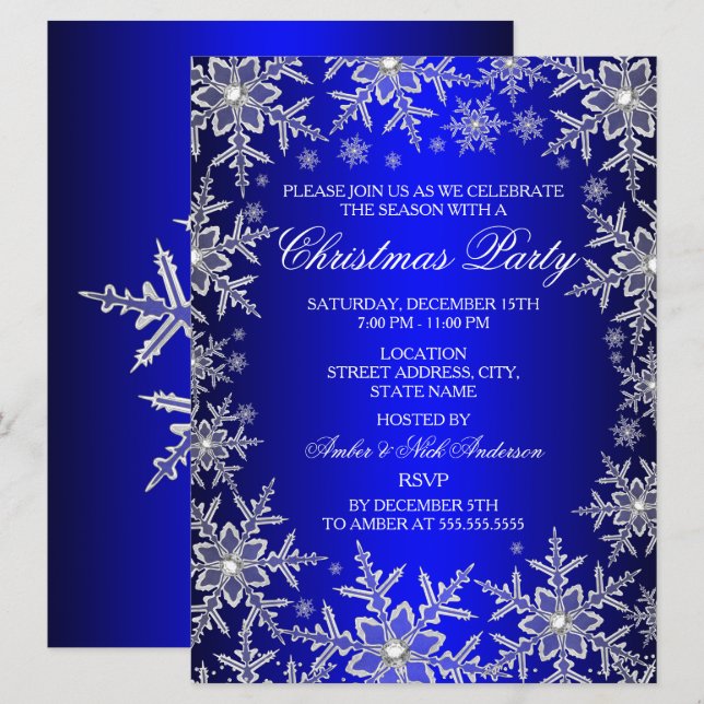 Invitation de fête de Noël Bleu Flocon de Neige Cr (Devant / Derrière)