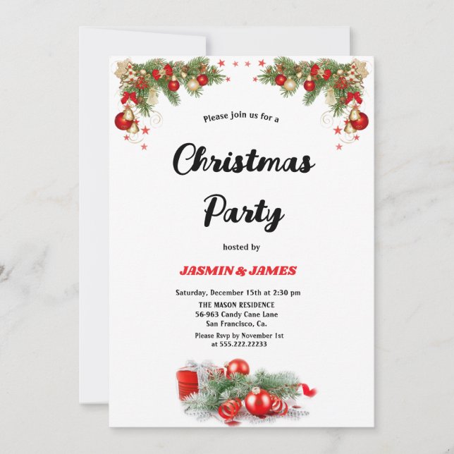 invitation de fête de Noël boules rouges et vertes (Devant)