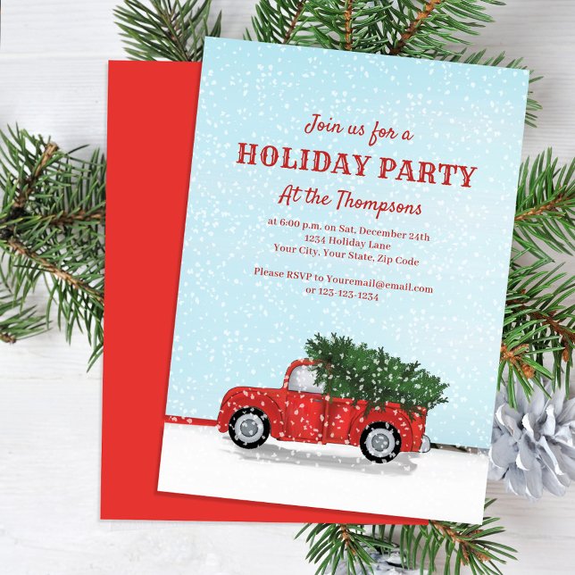 Invitation de fête de Noël camionnette rouge class (Holiday party invitation with classic red truck design.)