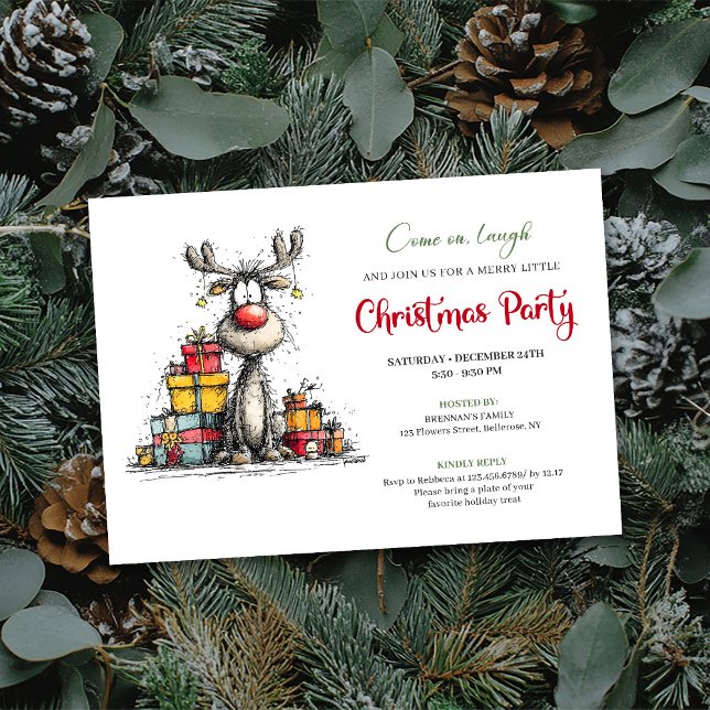 Invitation de fête de Noël classique et fantaisist (Classic whimsical reindeer Christmas party invite

)