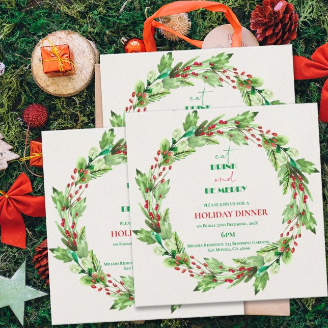 Invitation de fête de Noël Couronne de feuilles ve (Green Leaves Wreath Christmas Party Invitation)