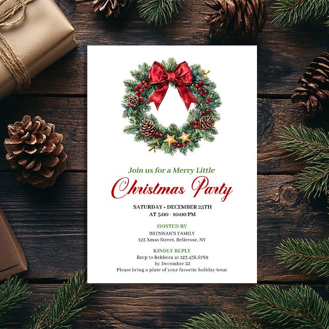 Invitation de fête de Noël Couronne de pin aquarel (Watercolor Pine Wreath Christmas Party Invitation)