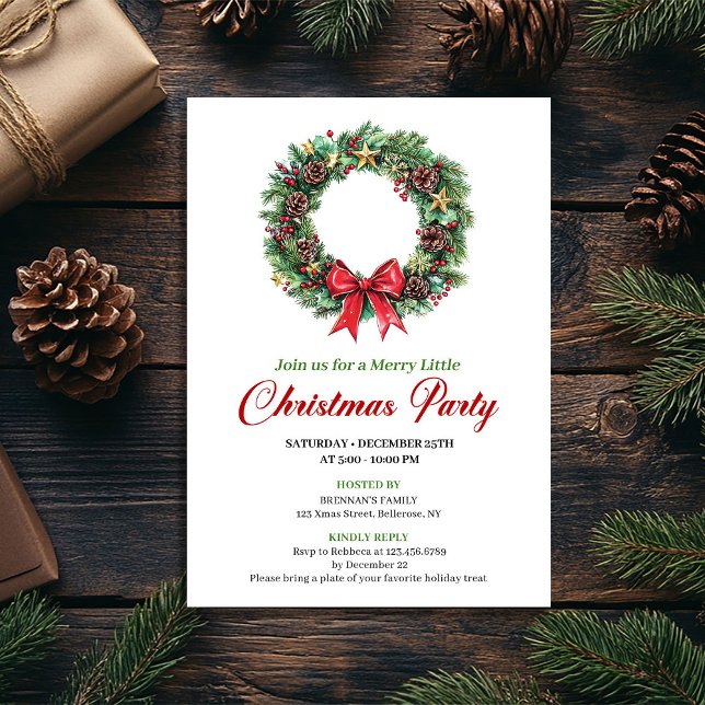 Invitation de fête de Noël Couronne de Pin Classiq (Classic Pine Wreath Christmas Party Invitation)