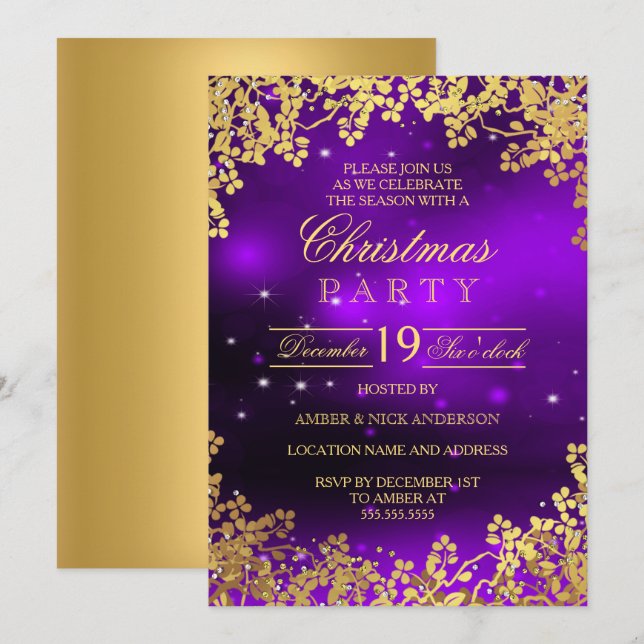 Invitation de fête de Noël Couronne d'Or Violet (Devant / Derrière)