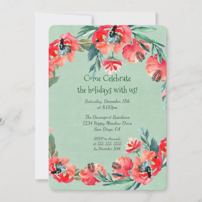 Invitation de fête de Noël Couronne florale rouge (Devant)