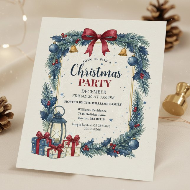Invitation de fête de Noël Couronne Rustique Bleue (Christmas Party Invitation)