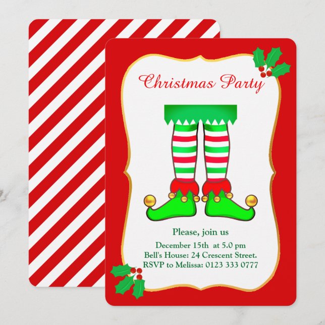 Invitation de fête de Noël de lutin sur fond rouge (Devant / Derrière)