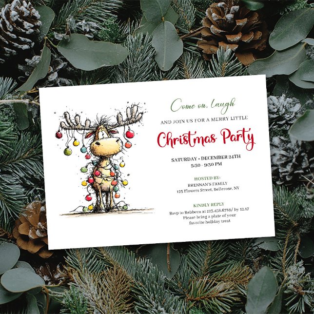Invitation de fête de Noël de renne vert rouge exc (Quirky red green reindeer Christmas party invite

)