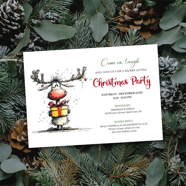 Invitation de fête de Noël de rennes de dessin ani (Quirky cartoon reindeer Christmas party invite

)