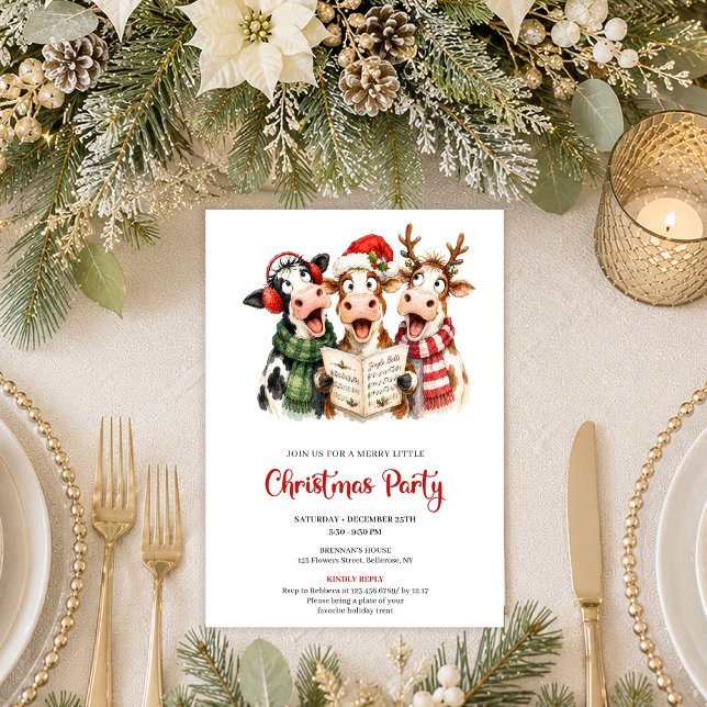 Invitation de fête de Noël de style cartoon avec d (This whimsical Christmas cow greeting card features a quirky watercolor design with playful red and )