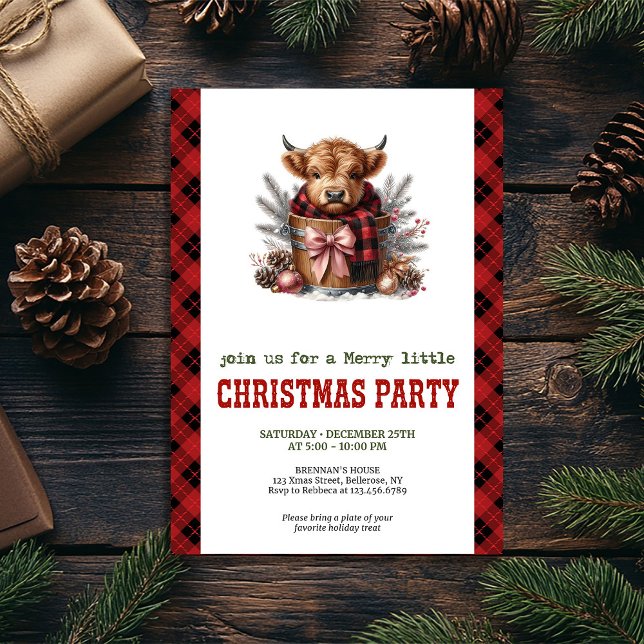 Invitation de fête de Noël de vache des Highlands  (Country highland cow Christmas party invitation)