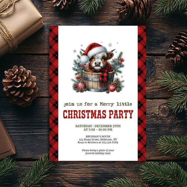 Invitation de fête de Noël de vache des Highlands  (Highland cow pine branch Christmas party invite)
