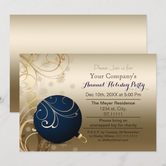 Invitation de fête de Noël d'entreprise or marine (Devant / Derrière)
