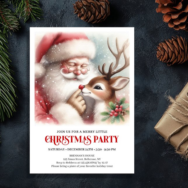 Invitation de fête de Noël d'hiver de Père Noël mi (Cute Santa Rudolph Winter Christmas Party Invite)