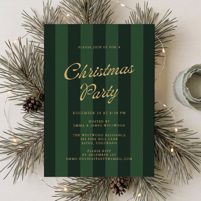 Invitation de fête de Noël élégante et verte rayée (Créateur téléchargé)