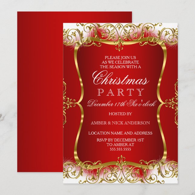 Invitation de fête de Noël en damas or rouge et bl (Devant / Derrière)