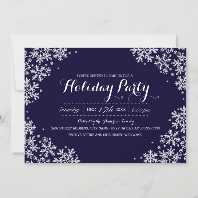 Invitation de fête de Noël flocon de neige bleu ro (Devant)