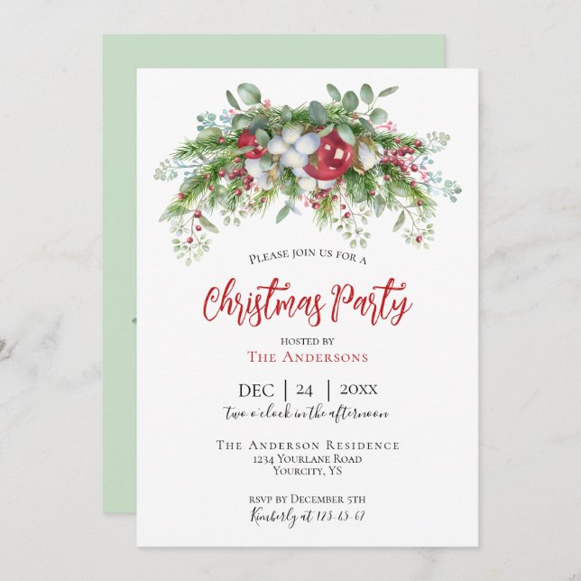 Invitation de fête de Noël garland rouge vert (Devant / Derrière)