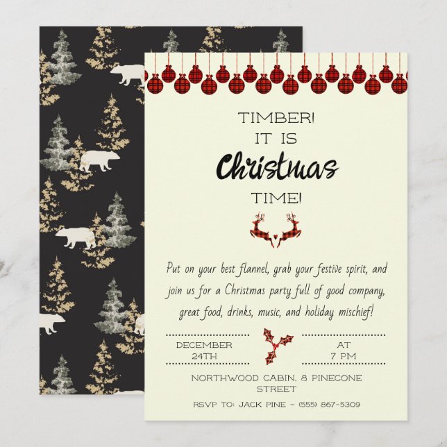 Invitation de fête de Noël inspirée du bûcheron  (Devant / Derrière)