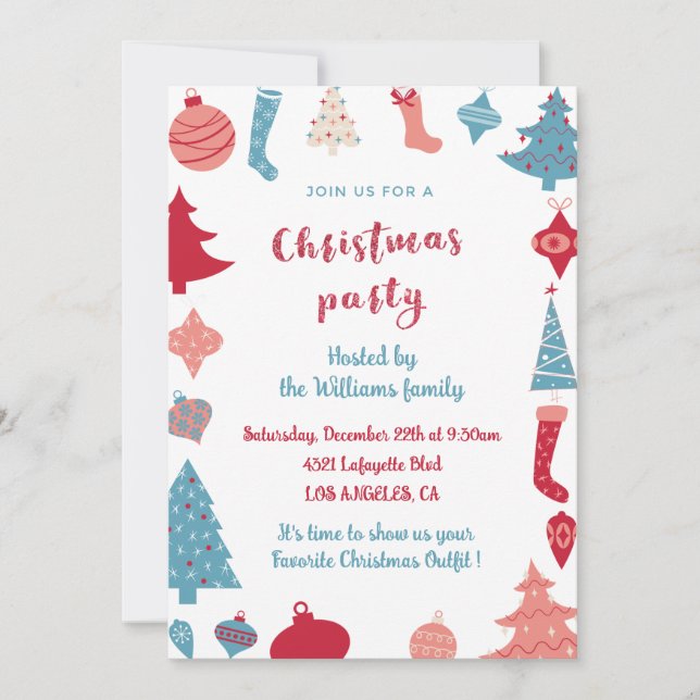 Invitation de fête de Noël Mignonne Rose et Bleu (Devant)