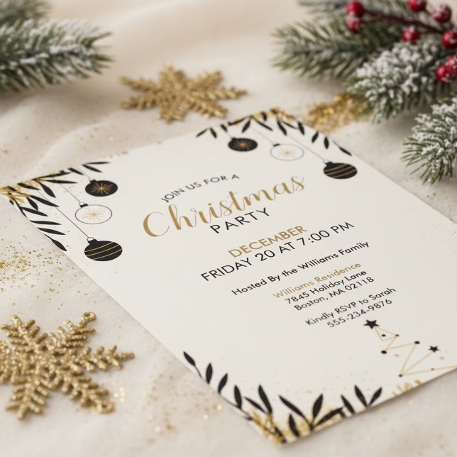 Invitation de fête de Noël moderne noir et or (Black Gold Christmas)