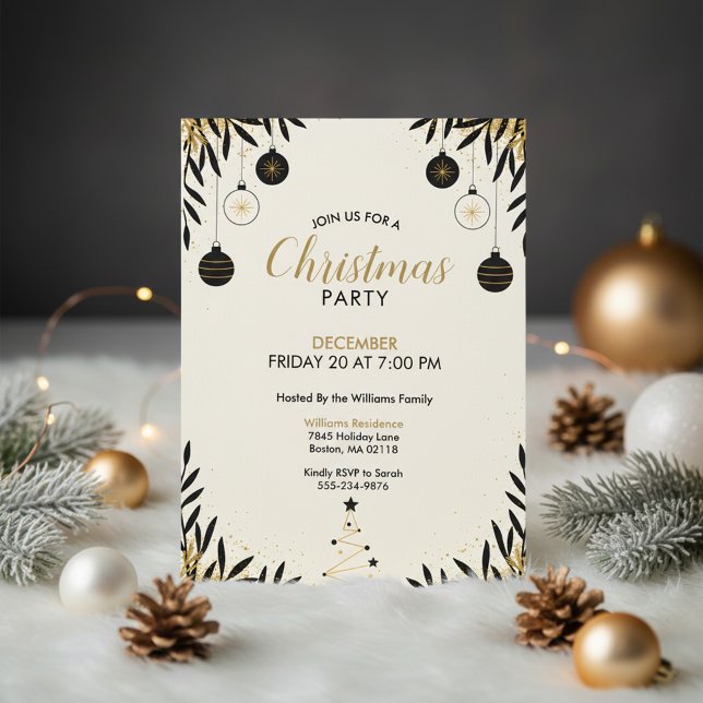 Invitation de fête de Noël moderne noir et or (Modern Holiday Invitation)