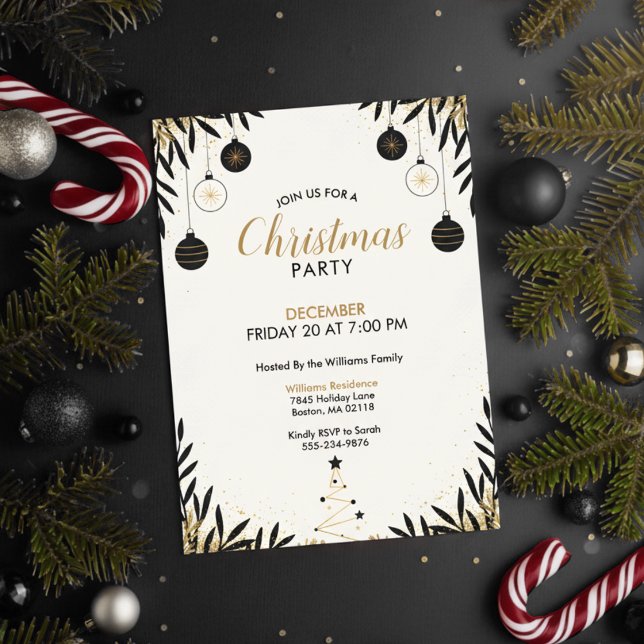 Invitation de fête de Noël moderne noir et or (Modern Christmas Party)