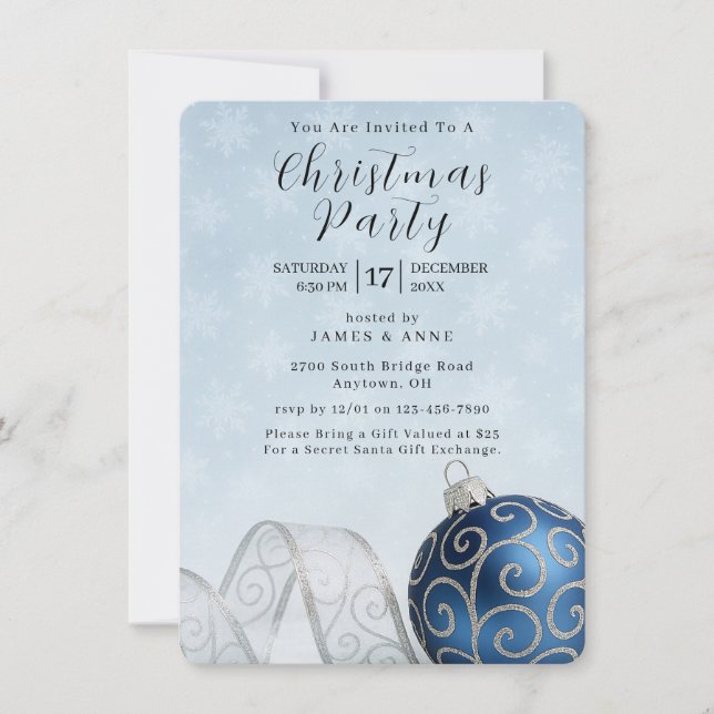 Invitation de fête de Noël Ornement Bleu et Argent (Devant)