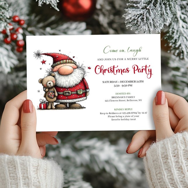 Invitation de fête de Noël Père Noël Dessin Animé  (Whimsical Cartoon Santa Claus Holiday Party Invite)
