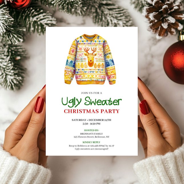Invitation de fête de Noël pour un Sweater Moche D (Bright Funny Ugly Sweater Xmas Party Invite)