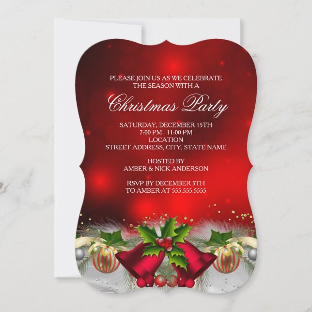 Invitation de fête de Noël Red & Gold Holly Bells (Devant)