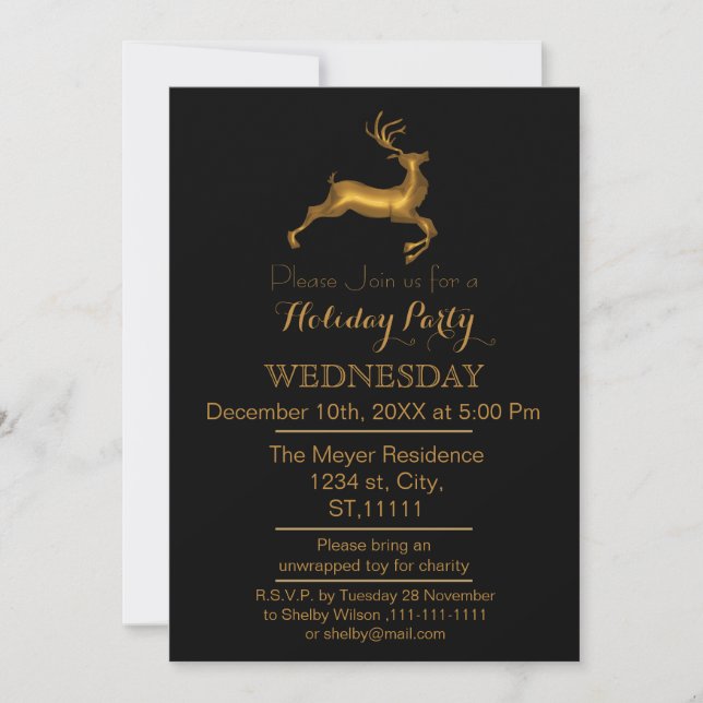 Invitation de fête de Noël Renne noir et or (Devant)