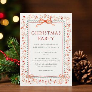 Invitation de fête de Noël Ruban Rouge Botanique d
