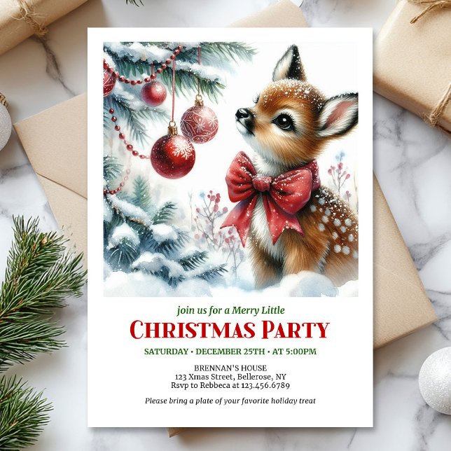 Invitation de fête de Noël scène hivernale bébé ce (Cute baby deer winter scene Christmas party invitation)