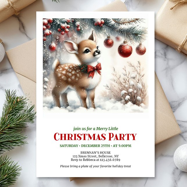 Invitation de fête de Noël scène hivernale de bébé (Cozy baby deer winter scene Christmas party invitation)
