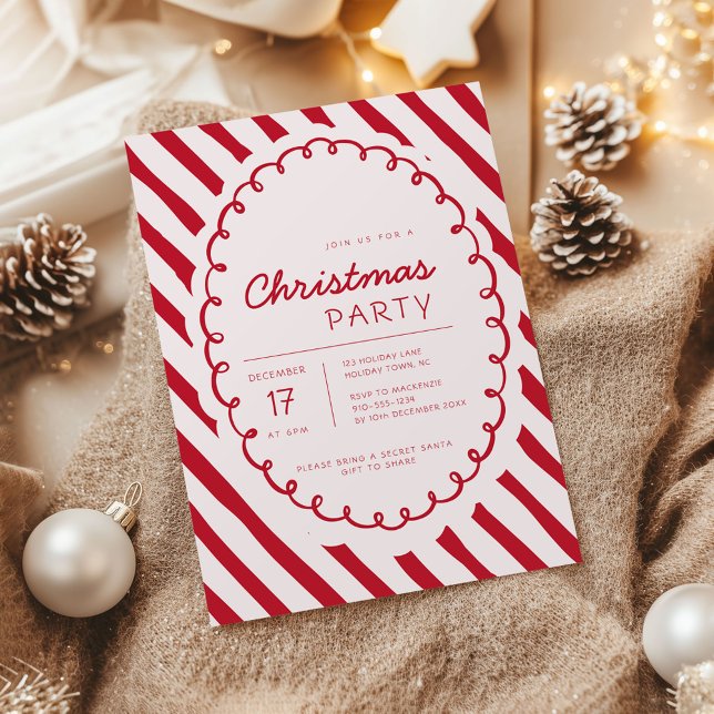 Invitation de fête de Noël sur le thème de la cann (Retro Candy Cane Whimsical Striped Christmas party invitation)
